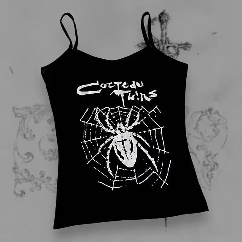 Women Gothic Spider Web Print Cami Tank Top Sleeveless Spaghetti Strap Y2K Slim Cropped Camisole Dark Punk Streetwear Tops