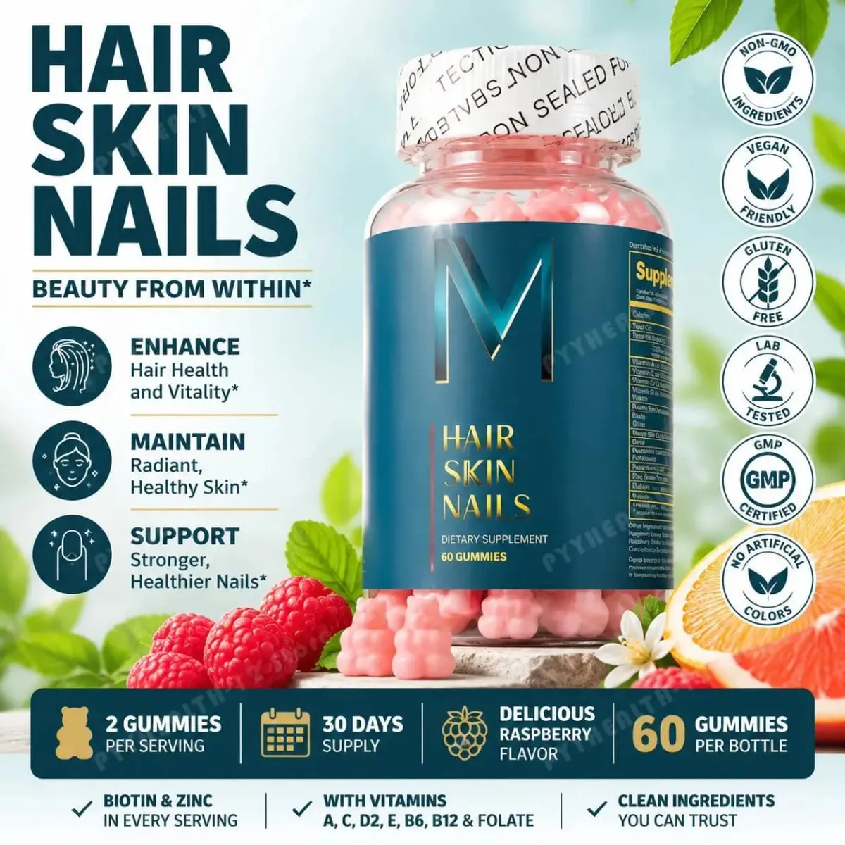 Hair Skin Nails Gummies with Biotin and Zinc Vitamins A C D2 and E Plus B6 and B12 for Radiant Healthy Skin 60 Gummies — image 1