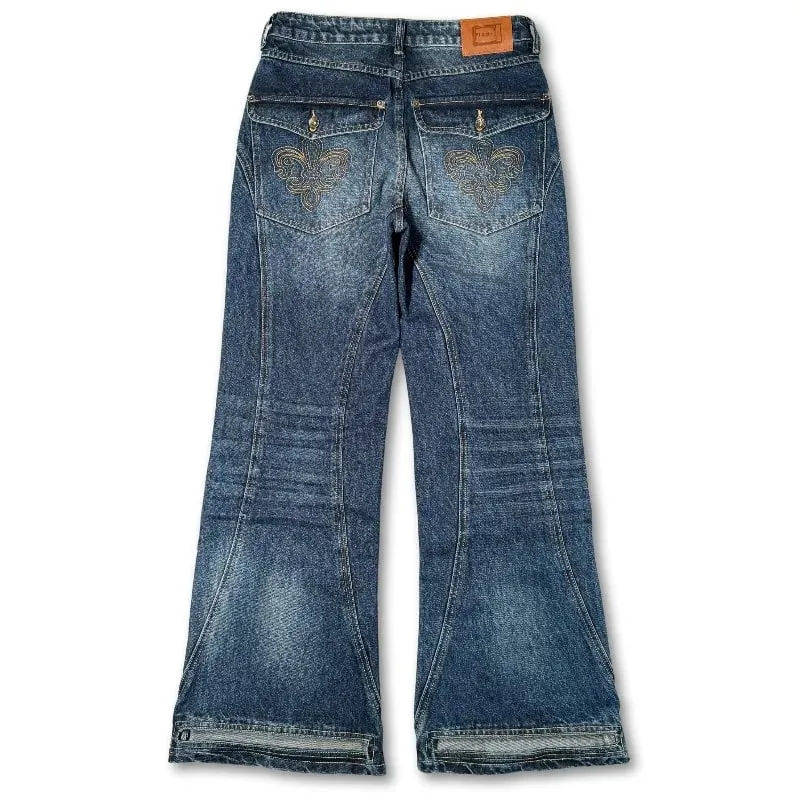 Y2K Retro Blue Flare Jeans Unisex Washed Denim Pants Embroidered Back Pocket Streetwear Wide Leg Bootcut Jeans — image 3