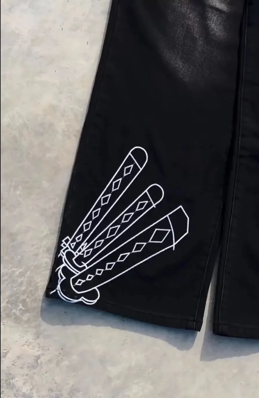 Y2K Anime Pattern Embroidered Jeans Baggy Wide Leg Stretch Jeans Streetwear Harajuku Hip Hop Dark Retro Fashion Rock Denim Pants
