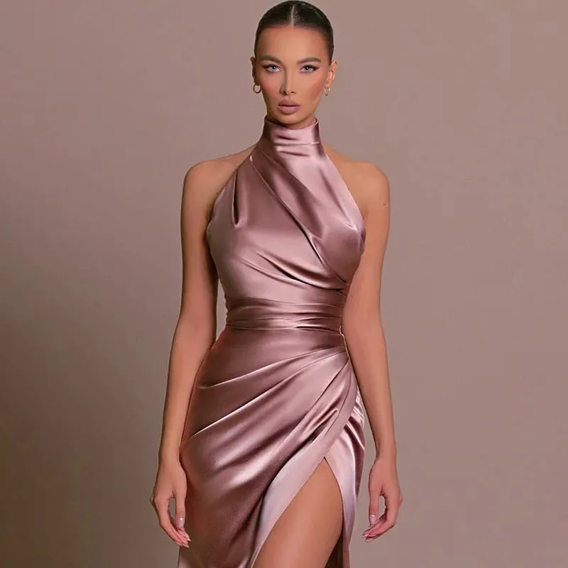2026 Retro Style Satin Halter Maxi Dress Elegant Waist Slimming High Slit Party Formal Events Solid Color Minimalism Long Skirt — image 5