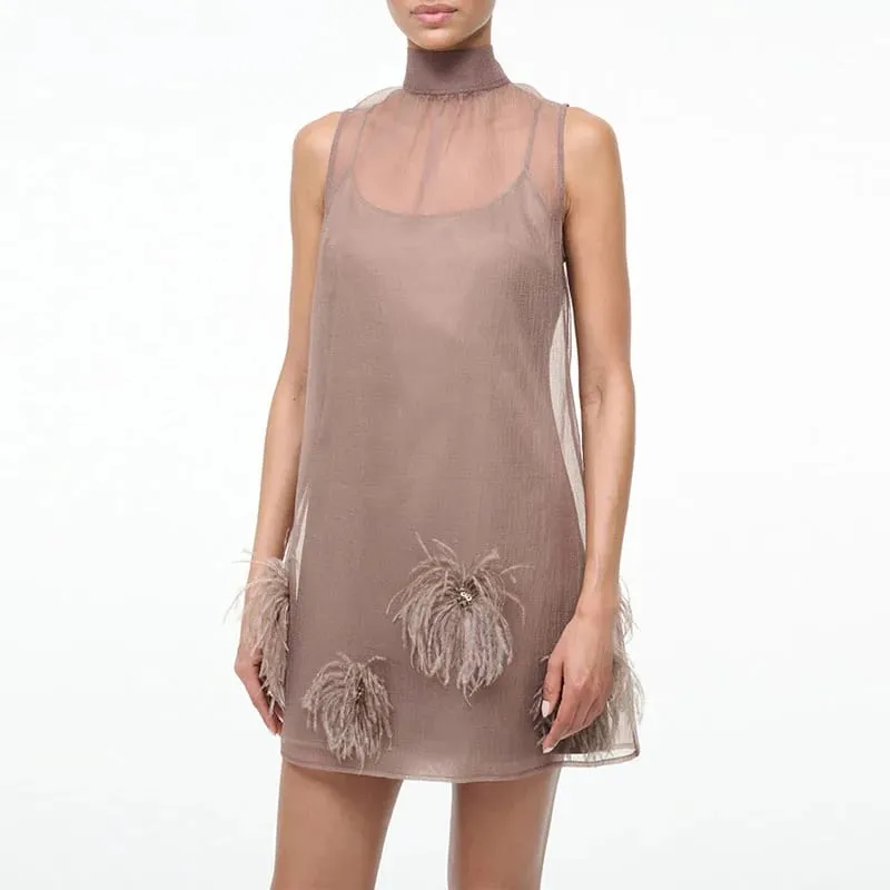Casual Sleeveless Feather Party Dress Elegant Mesh Splicing Solid A-Line Dress 2025 Women Fashion Half High Collar Short Dress