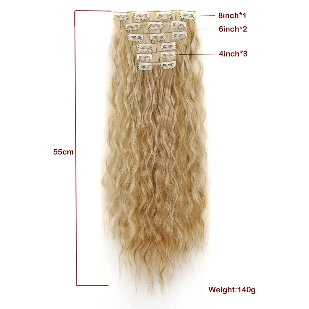 Clip in Synthetic Hair Extensions Brown Blonde Color Mermaid Waves Synthetic Hair Pieces for Women 6pcs Set