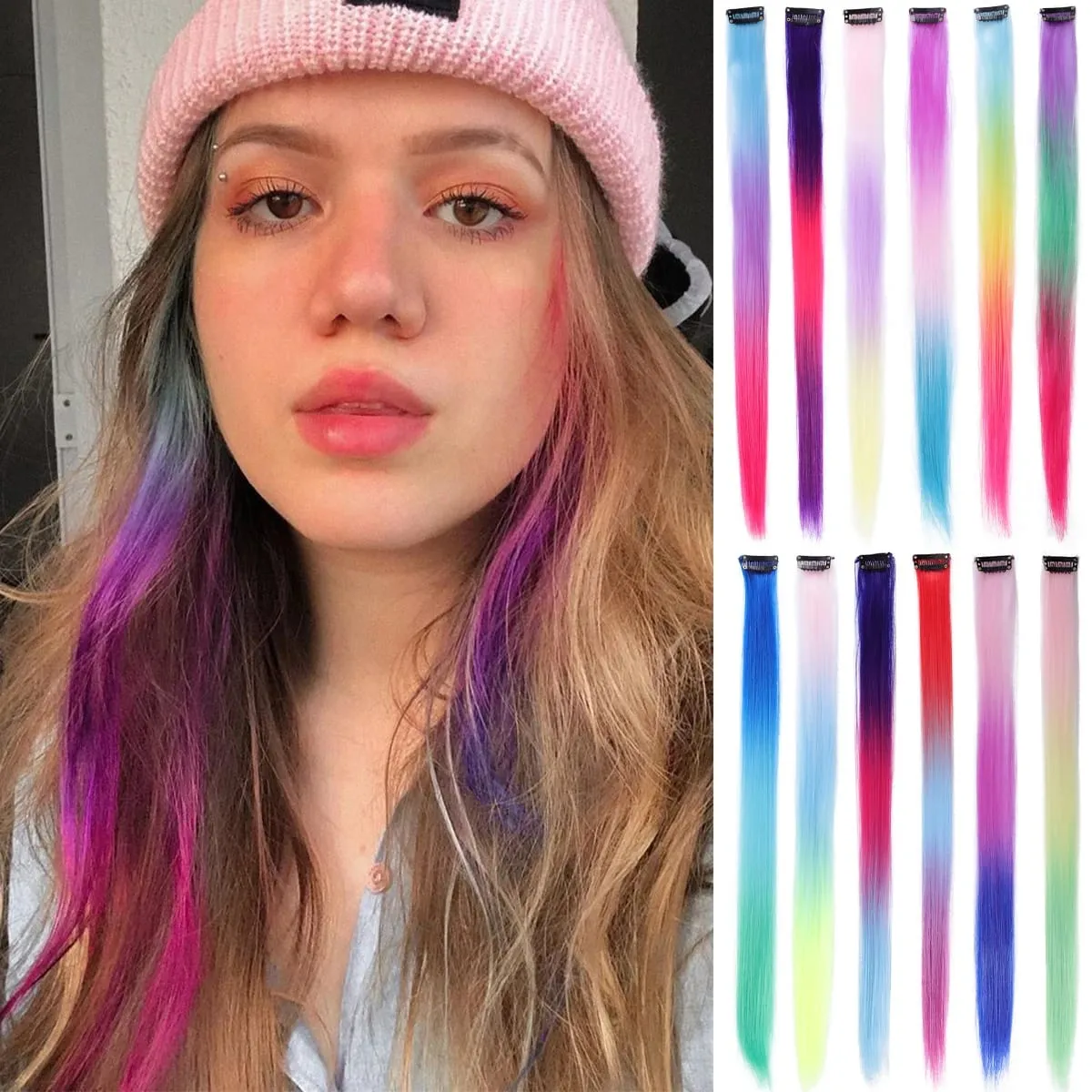 1Pcs Gradient Color Clip in Hair Extensions Party Highlights Wig Synthetic Straight Hairpiece for Girls Kids Christmas Party Use — image 2