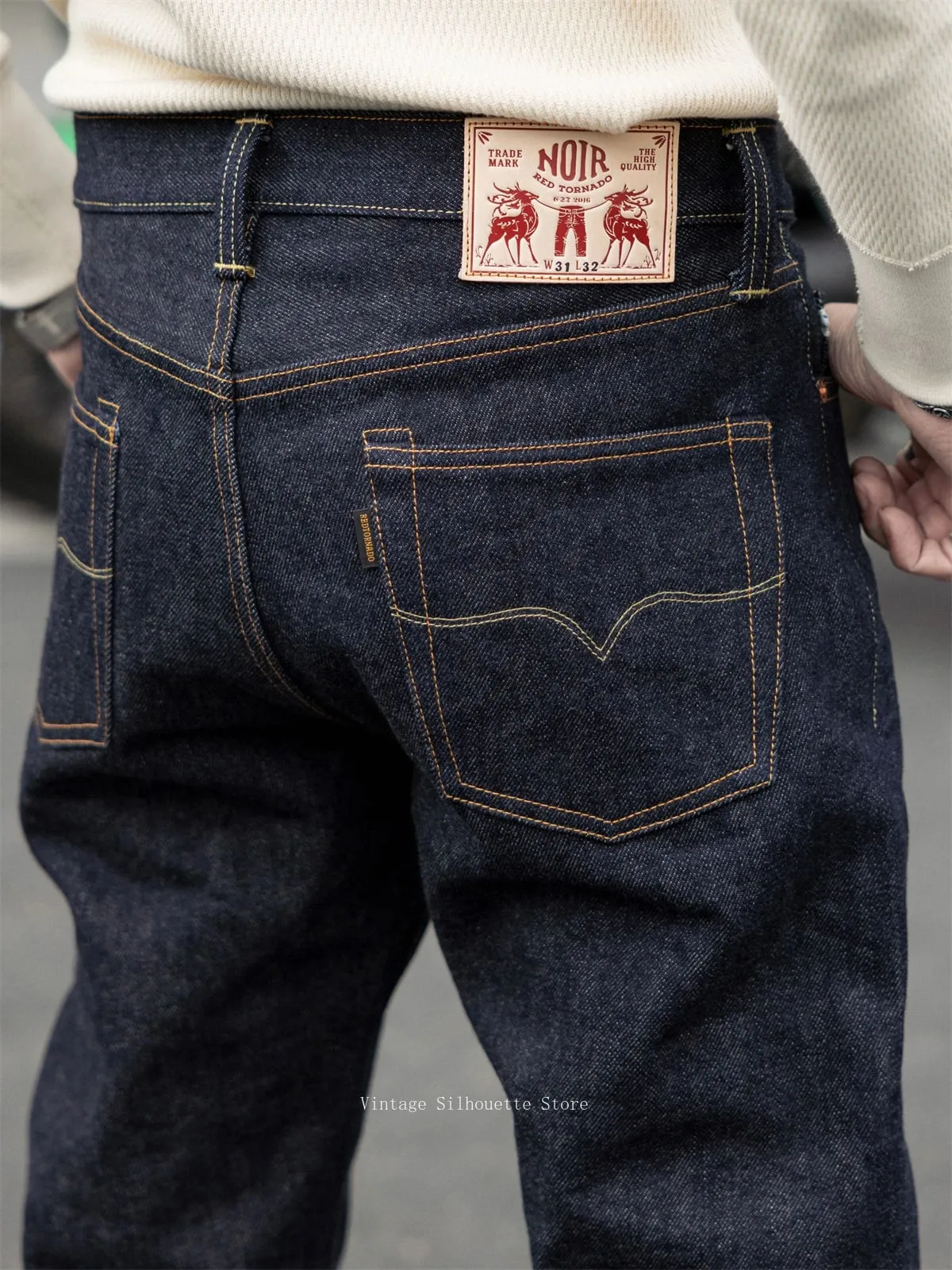 Red Tornado NOIR 21oz Selvedge Denim Slim Straight Cut Jeans Indigo Rugged Americana Style Men's Casual Pants — image 4