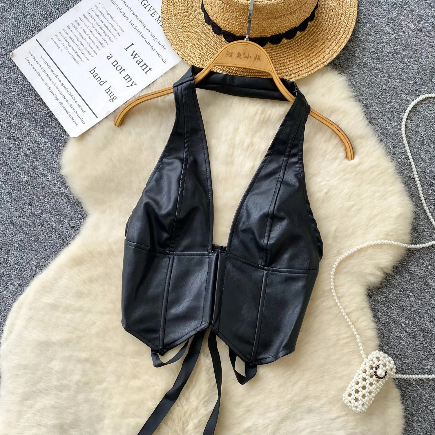 Halter PU Leather Vintage Top Women Deep V Neck Sleeveless Short Camisole Fashion Backless Lingerie Sexy Club Tank Top — image 7
