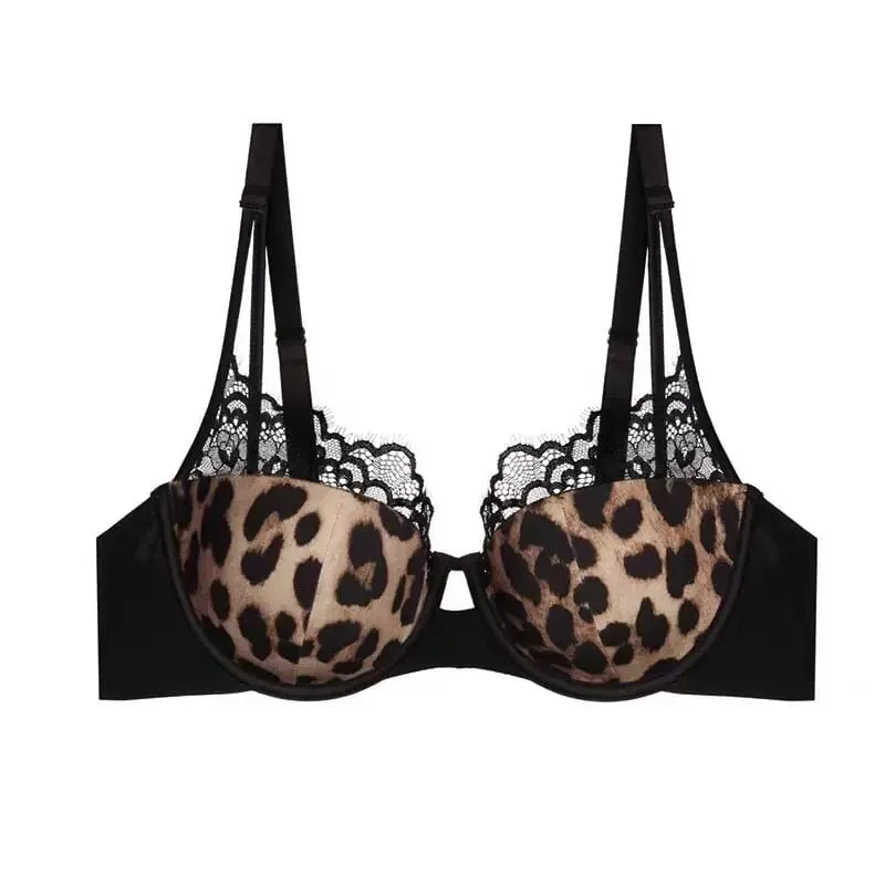 New Arrival Delicate Soft Underwire Leopard Print Thin Cup Underwear Set Push Up Anti Sagging Side Fat Control Comfort Bralette — image 1