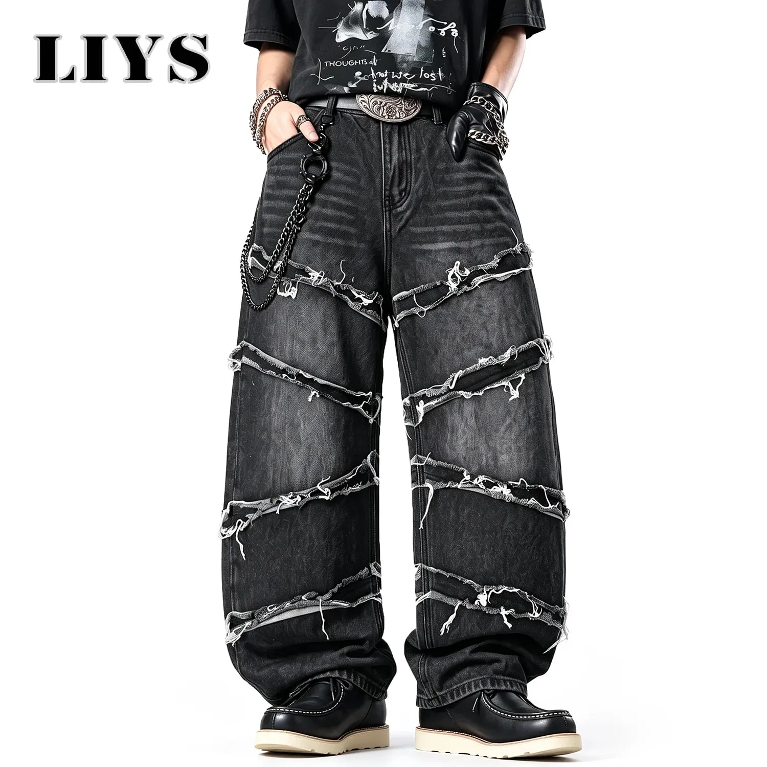 Men's Gothic Baggy Jeans Raw Frayed Edge Deconstructed Patchwork Wide Leg Denim Pants Y2K Punk Streetwear Trousers