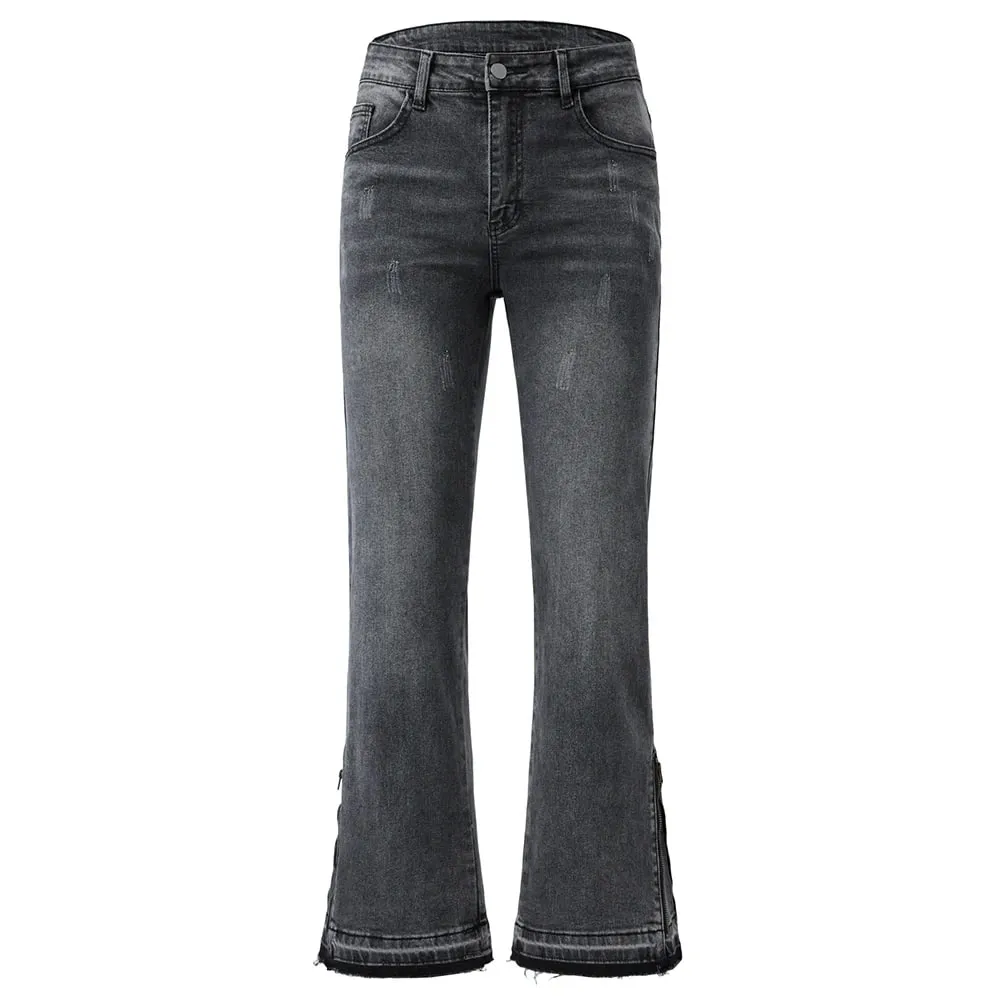 Men's Boot Cut Denim Jeans Streetwear Bottom Zipper Released Hem Pants Pure Color Blue Black Cotton Spandex Trousers