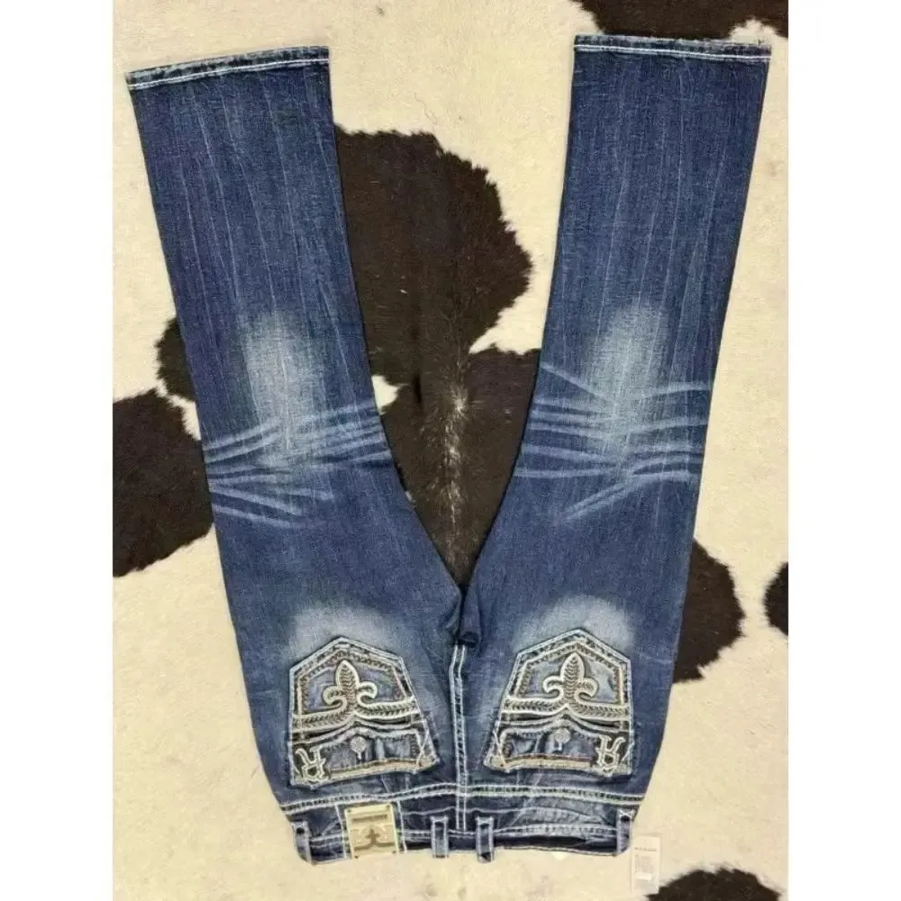 Retro trendy brand washed high elastic wide leg flared jeans Y2K summer blue embroidery American Gothic new fashion heavy street — image 2