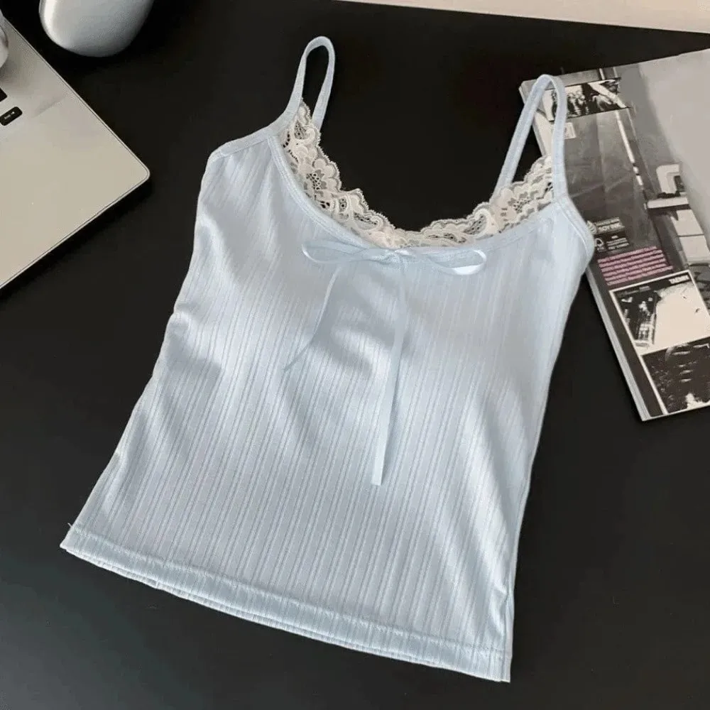 Waist-cinching Sleeveless Slim Lace Crop Top Y2k Solid Color Camisole with Pads Bottoming Shirt Sweet Lace Patchwork Vest Lady — image 9