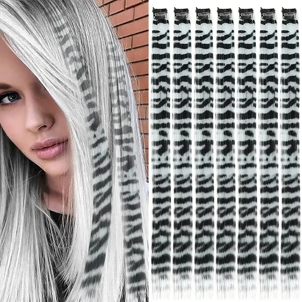 18' 7 Pcs Rainbow Long Straight Zebra Print Synthetic Feather Clip in Hair Extensions for Women Ideal Halloween Christmas