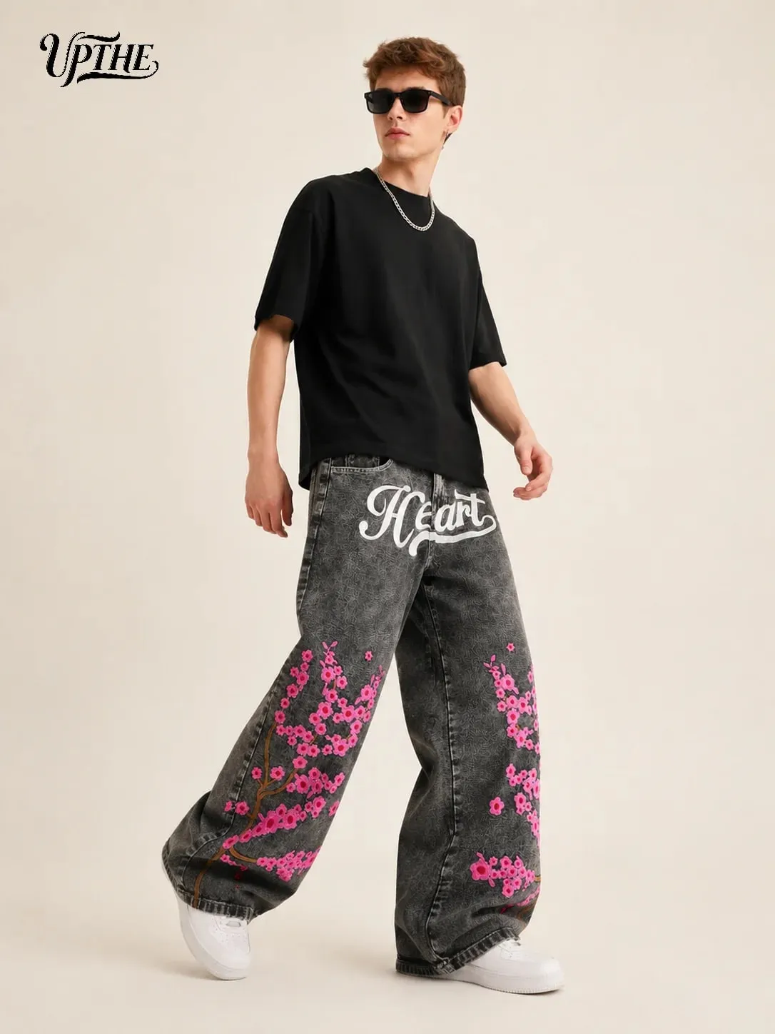UP.THE Men Baggy Wide Leg Jeans Vintage Washed Black Gray Denim Pants Y2K Loose Cherry Blossom Embroidery Heart Letter Print Streetwear Jeans for Daily Hip Hop Casual Outfits — image 5