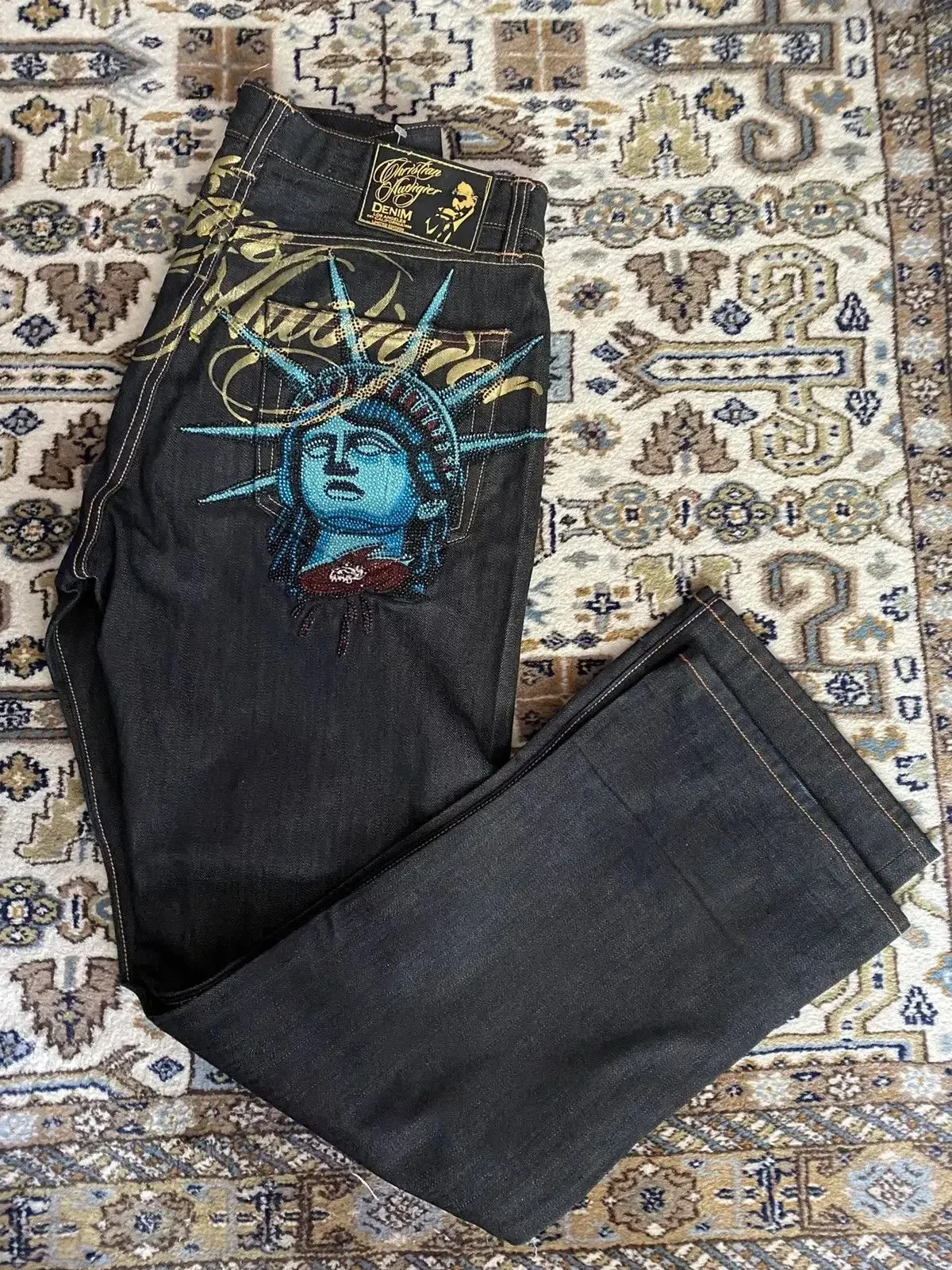 Harajuku Y2k Diamonds Wide Leg Jeans 2000s Casual Denim Pants High Waist Straight Jeans Vintage Statue of liberty Men Clothing — image 4
