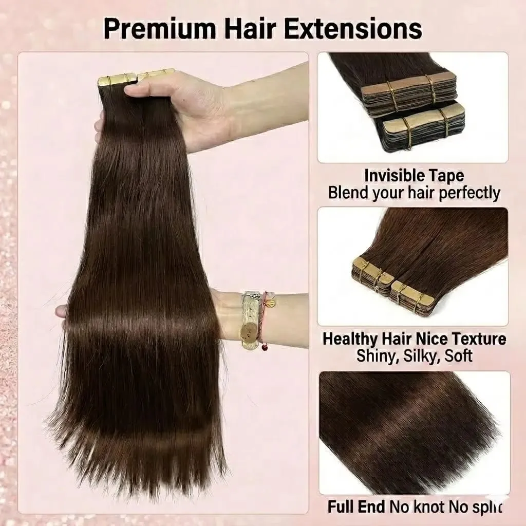 Seamless Brown Tape in Hair Extensions 100% Human Hair Straight 14A Grade Virgin Remy 21pcs 50g Pack Thick End Women #4 Beauty 18 20 22 Inch — image 5