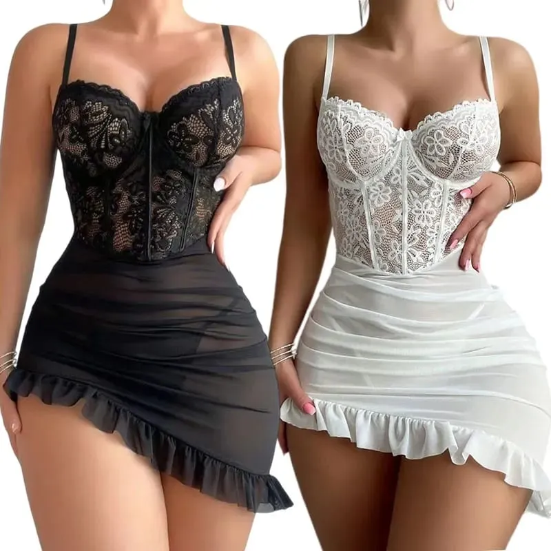 Sexy Women Lingerie Night Dress Delicate Nightgown With Panties Steel Ring Push Up Bras Transparent Bra And Thong Underwear Sets — image 1