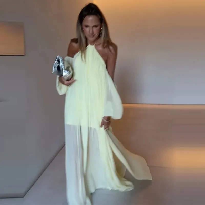 Sexy Halter Backless Party Gowns Women's Yellow Big Hem Off-shoulder Long Dresses 2026 Spring New Ladies Loose Beach Robes