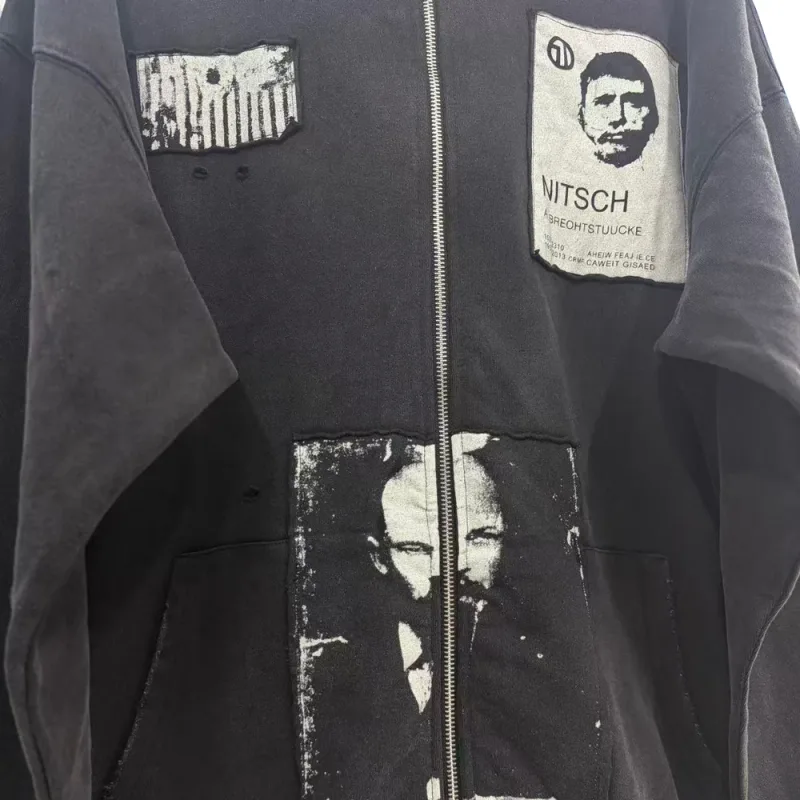 Y2k Subculture Graphic Zip Up Hoodies Hiphop Street Style Heavy Weight Cotton Retro Distressed Ripped Casual Loose Hoodies Men's — image 3