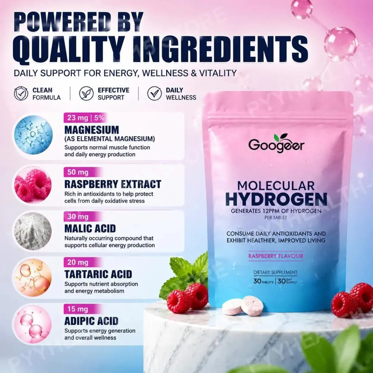 Molecular Hydrogen Water Tablets 12 PPM with Magnesium Raspberry Flavor Daily Wellness and Antioxidant Support 30 Tablets — image 4
