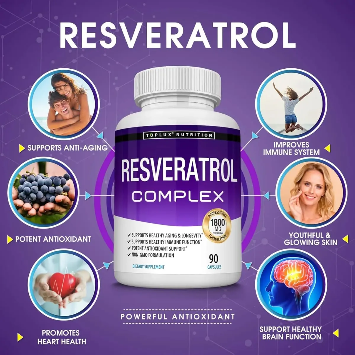 Resveratrol Complex Supplement 1800mg Antioxidant Pills for Healthy Aging Overall Health Immune System Brain Function 90 Caps