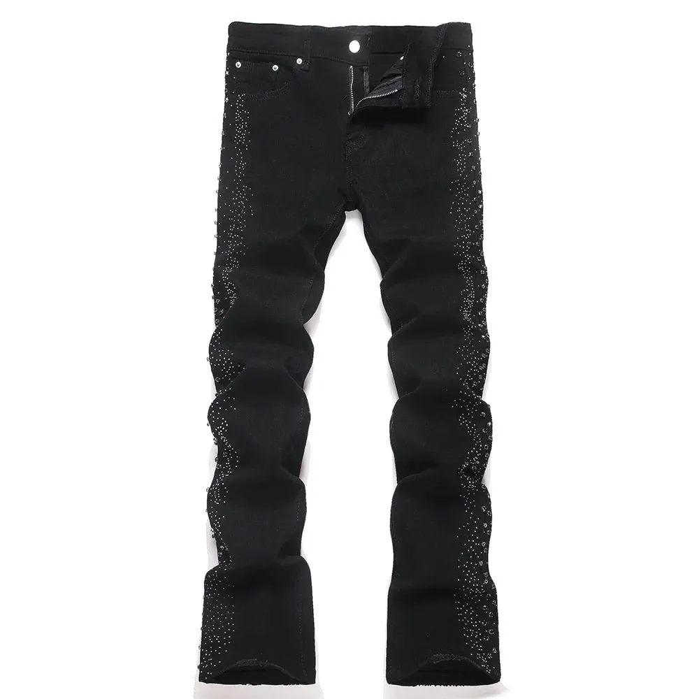Men's Flared Denim Jeans Punk Crystal Rivet Stretch Black Cotton Spandex Pants Slim Boot Cut Trousers