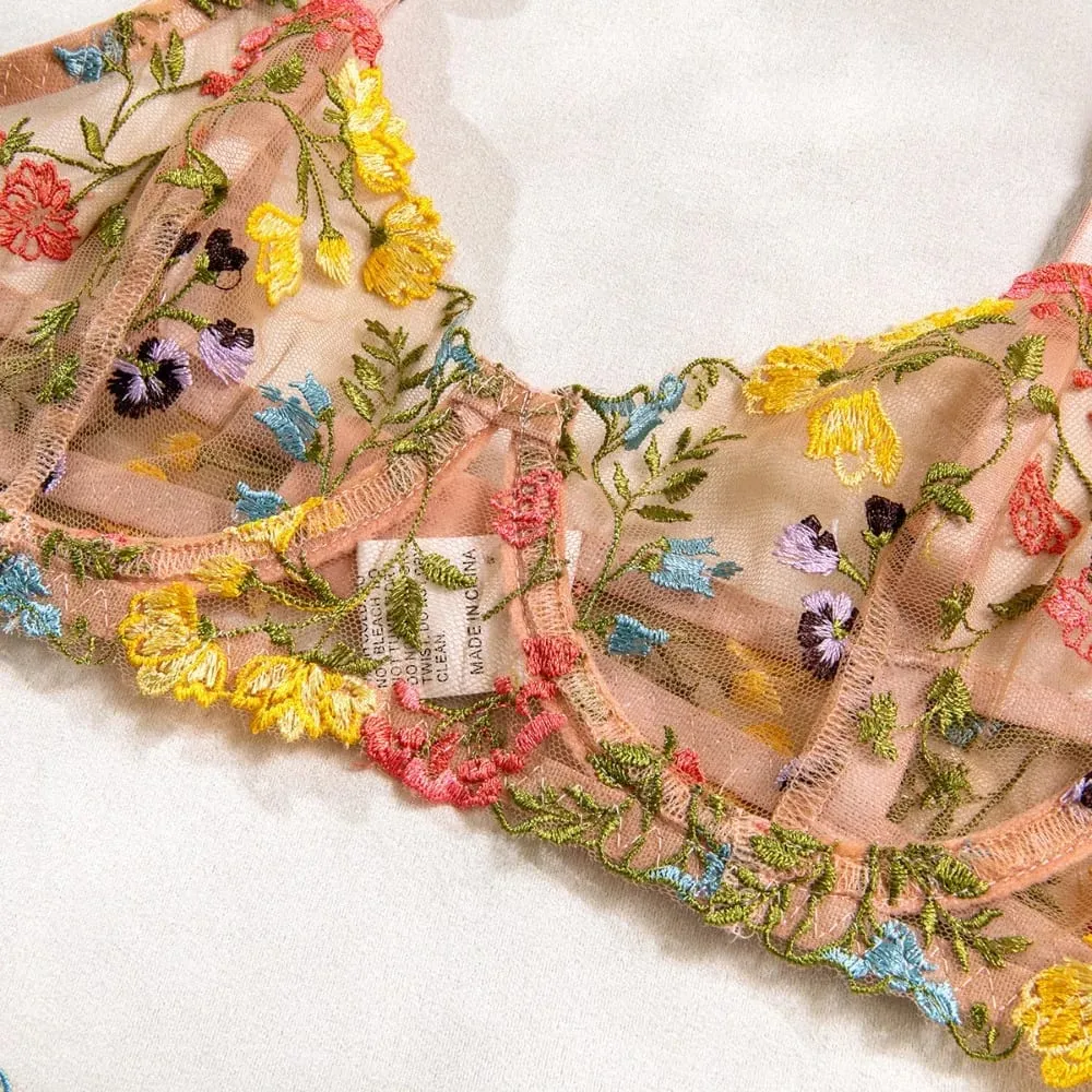 Ensemble de lingerie florale bohémien 2 pièces, sous-vêtements polyvalents brodés, intimes à armatures, soutien-gorge transparent, culotte, ensemble pour dames et filles — image 4