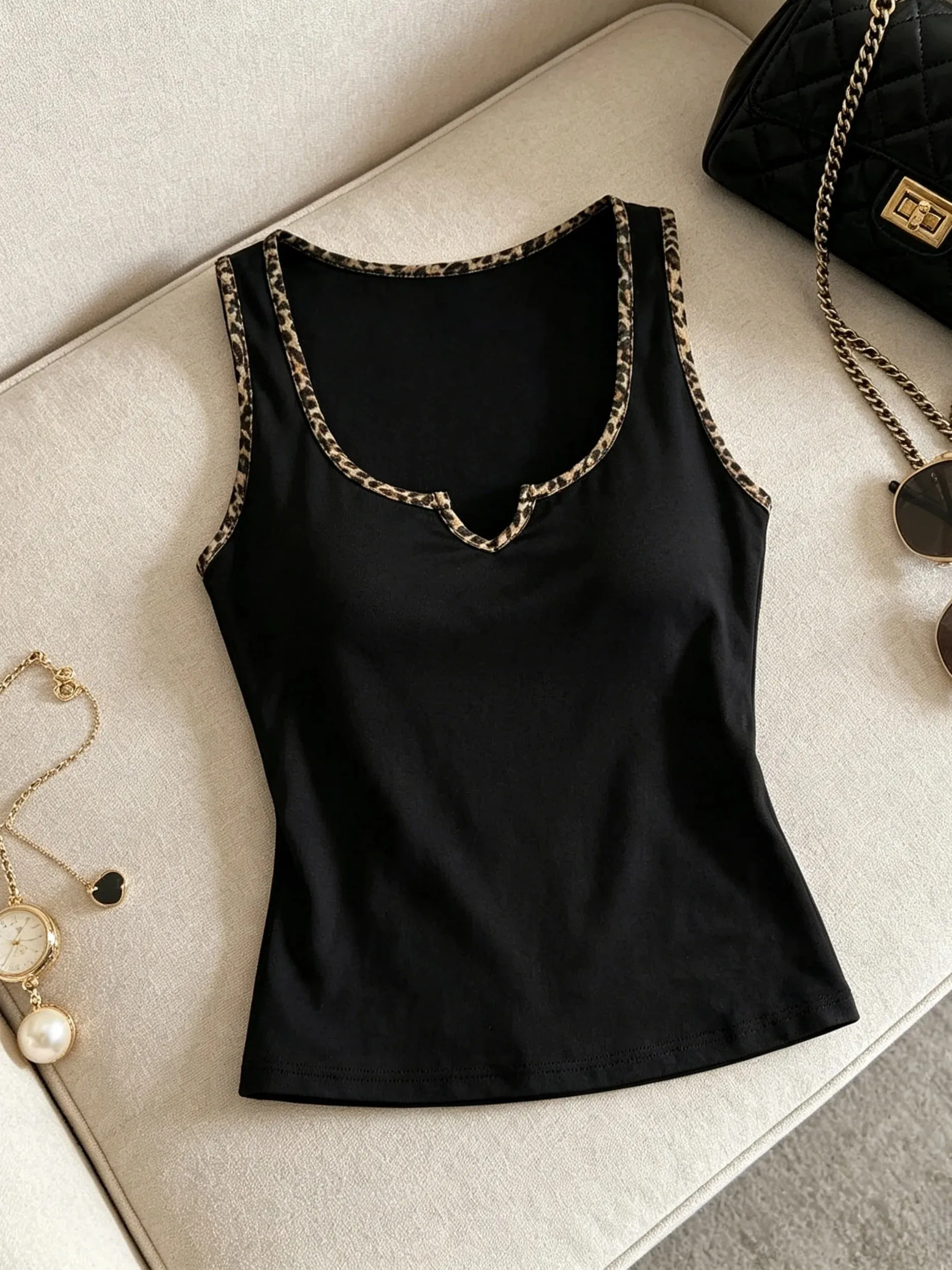 Women Solid Color Tank Top Casual Notched V Neck Form Fitting Sleeveless Cami Top