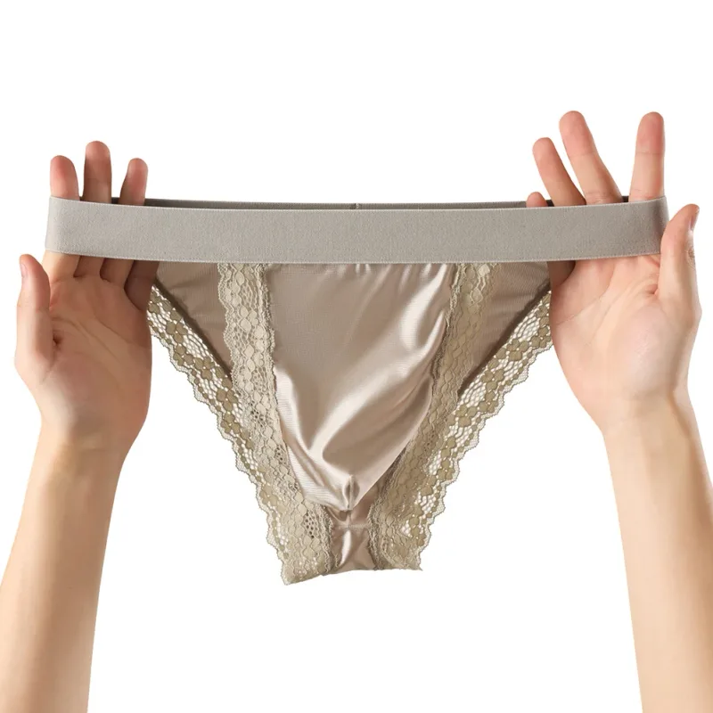 Satin-like Comfortable Men Panties Lace Trim Briefs Sexy High Fork Bikinis Underwear Breathable Low Waist Pouch — image 19