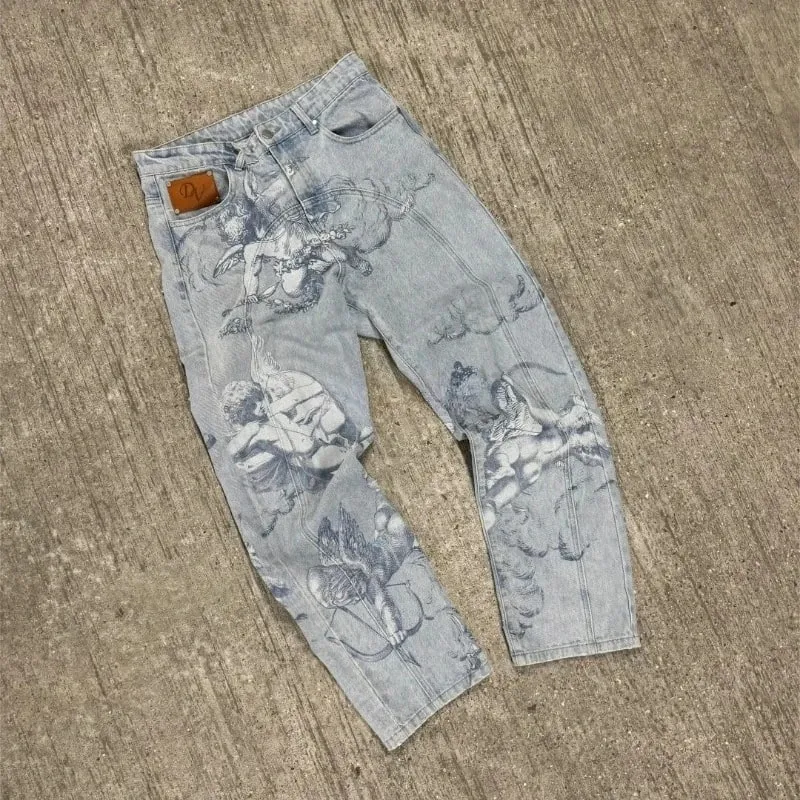 Mens Jeans Harajuku Y2K Angel Baggy Denim Pants Retro High Street Arrow Print Loose Straight Fit American Hip Hop Streetwear New — image 3