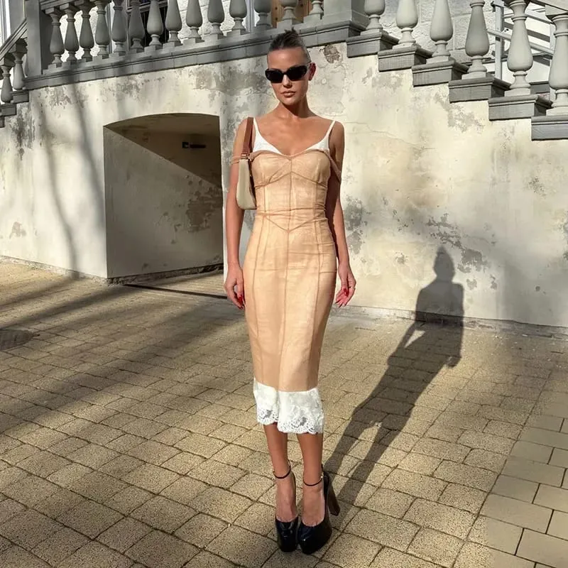 Women Lace Patchwork Sling Dress Mesh Midi Cover-up See Through Sleeveless Spaghetti Strap Dresses 2026 Summer Sexy Chic Wear