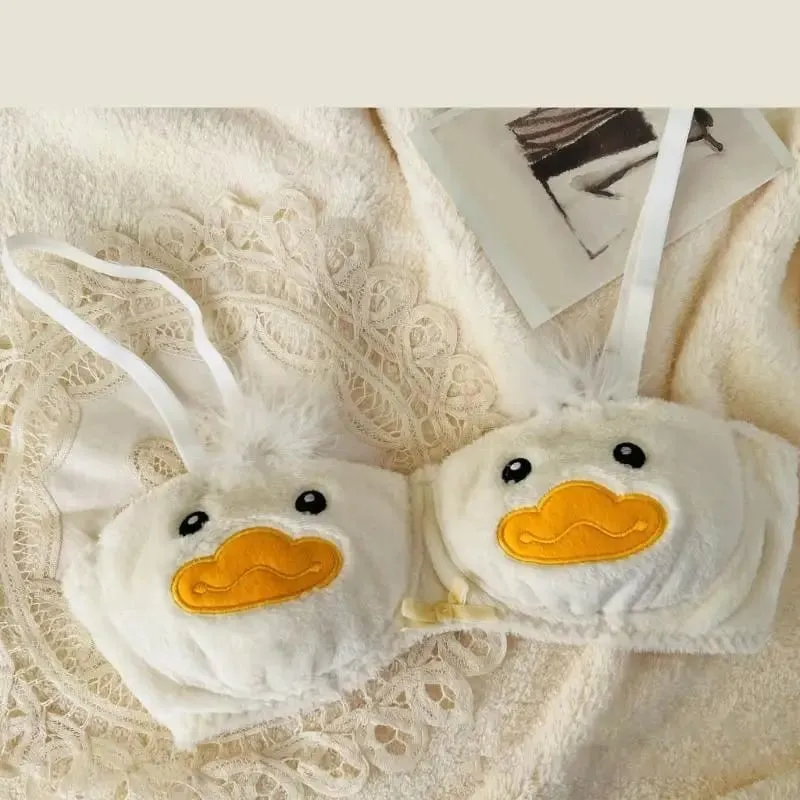 Women's 2Pcs Furry Bra and Panty Set Cartoon Duck Pattern Fuzzy Plush Wireless Underwear Japanese Anime Lingerie