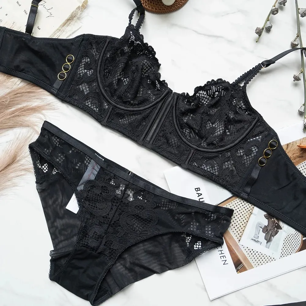 Women Vintage Black Floral Lace Lingerie Set Underwire Sheer Longline Bra And Panty 2‑Piece Gold Side Ring Detail Intimate Under — image 3