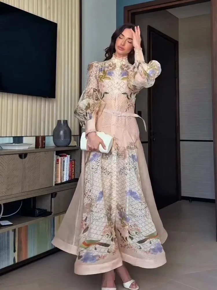 Elegant Floral Printed Women's Dress Stand Collar Full Puff Sleeve A-line Long Dresses 2026 Summer Vacation Party Lady Robes — image 3