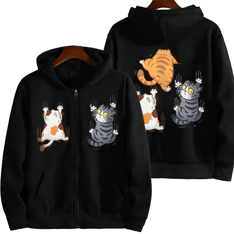 Zip‑Up Hoodie Funny Climbing Cats Graphic Print Long Sleeve Hooded Sweatshirt Front & Back Printed Casual Loose Jacket Outerwear — image 1