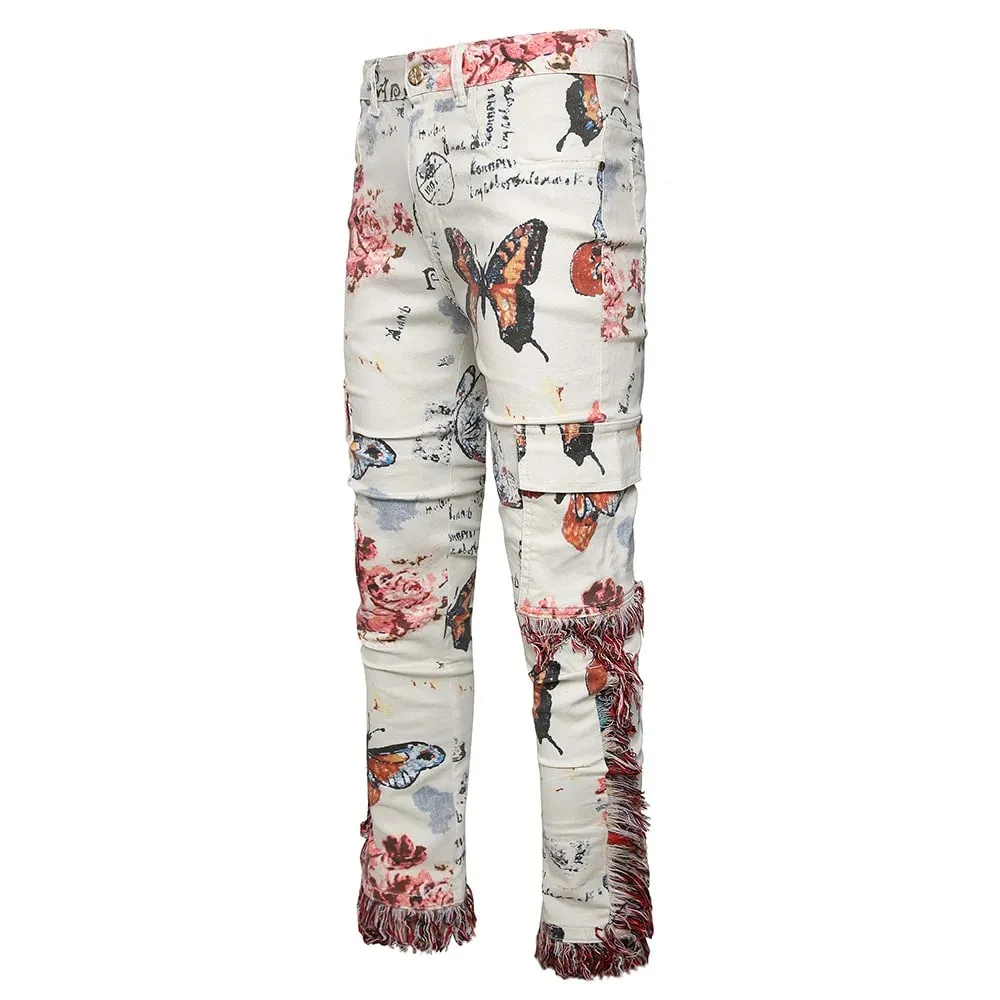 Men Butterfly Print Denim Jeans Flower Pattern White Stretch Cotton Slim Pants Tassels Multi Pockets Cargo Trousers Good Quality — image 3