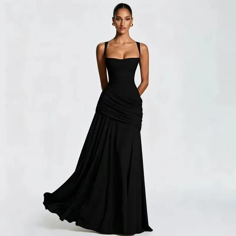 Sexy Solid Pleated Sling Dress Women Elegant Square Neck Sleeveless Waist-cinching Maxi Dresses 2026 New Summer Lady Party Robe