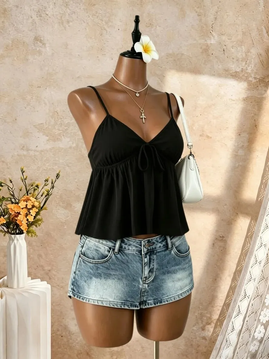 Women V Neck Spaghetti Strap Front Tie Ruched Waist Flared Peplum Cami Top 2026 Summer Y2K Solid Black Casual Beach Vacation Loo — image 5