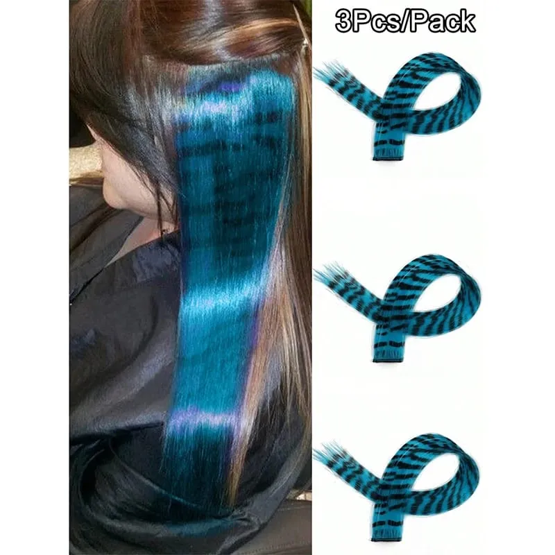 3Pcs Leopard Print Hair Extensions Synthetic Stripe Printed Hair Piece Colorful Long Straight Clip In Hair For Women Girls Party — image 13