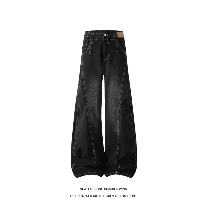 Men 2026 American Style Wide Leg Scimitar Jeans Contrast Stitch Spliced Pleated Design Loose Casual Long Denim Pants For Male — image 5