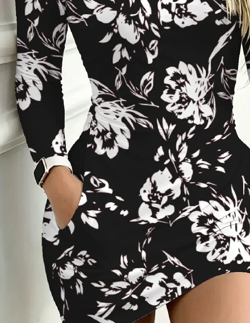 Women's Casual Long-Sleeved Floral Print Dress with Pockets round Neck Waist Cinching Mini Skirt Length for Autumn — image 3