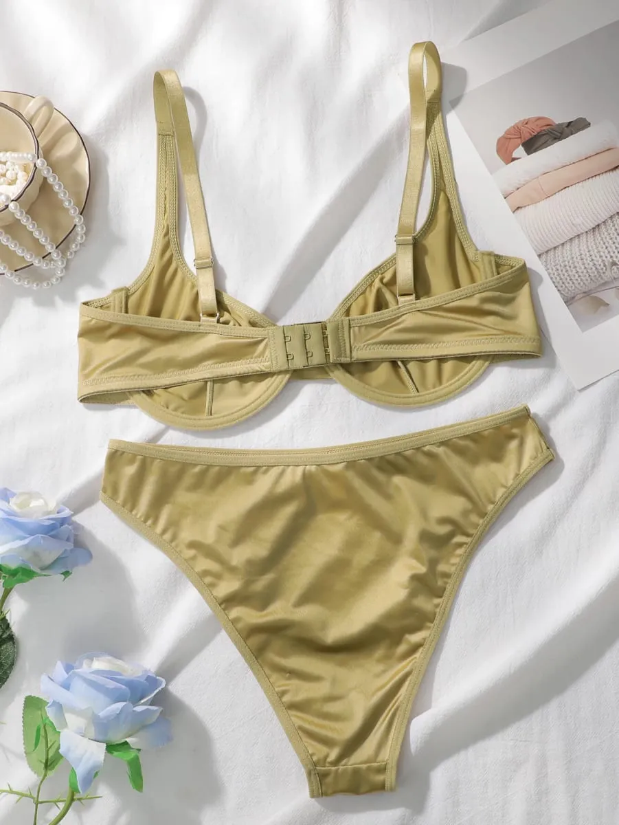 Kvinder satin blank bh Trussesæt bøjle tynd skål 2 stykker lingeri sæt justerbare stropper ensfarvet dagligt intimt undertøj — image 2