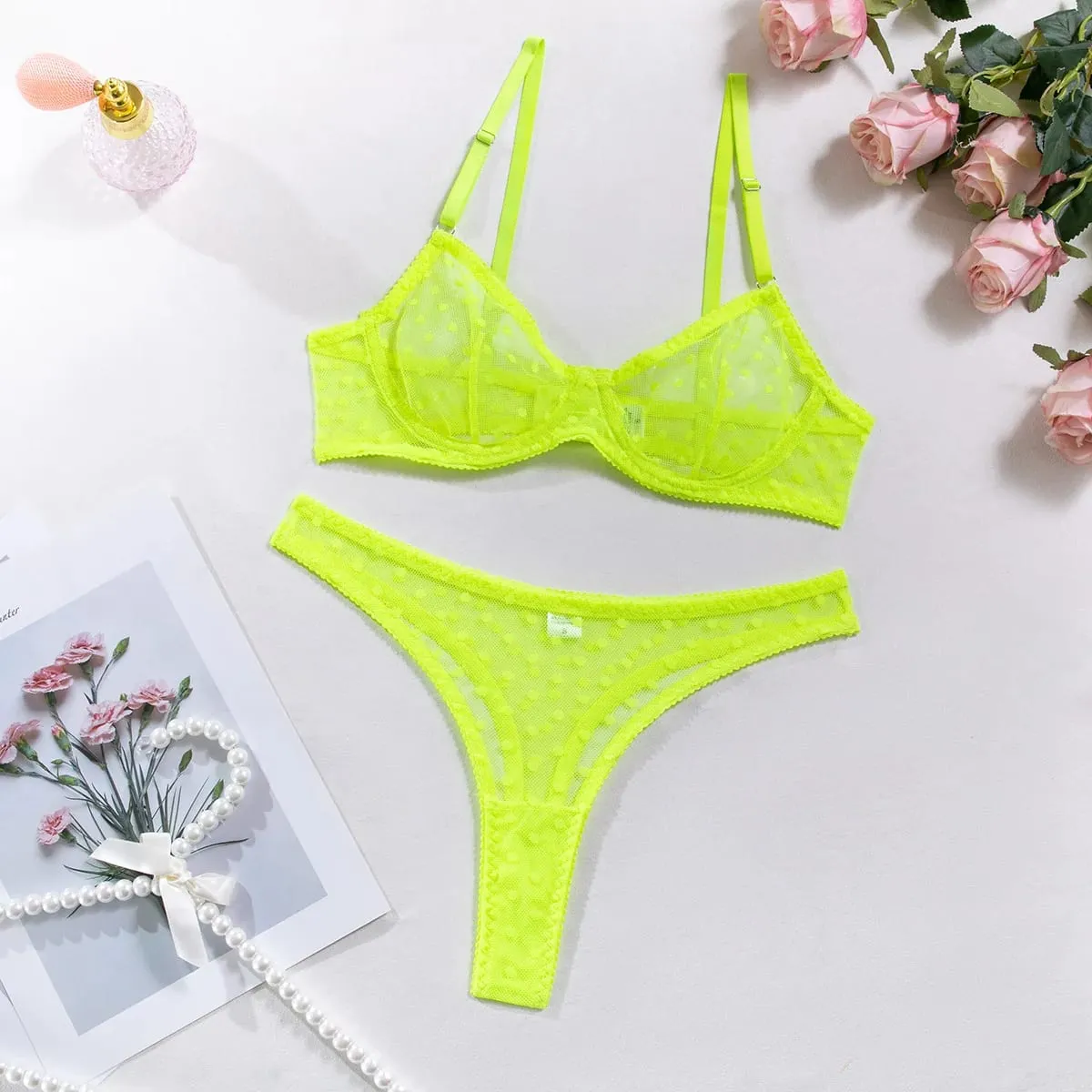 Sexy Polka Dot Women's Underwear Neon Green Bra with Support Brief Set Women 2 Pieces Short Skin Care Kits Exotic Sets — image 1
