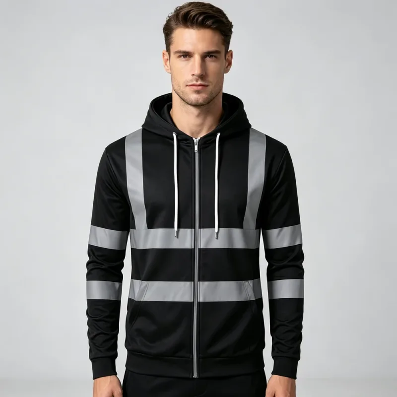 Autumn Fashion Men Drawstring Hooded Top 3D Printed Stripe Full Zip Sweatshirt Outdoor Casual Safety Work Outerwear Hoodie — image 7