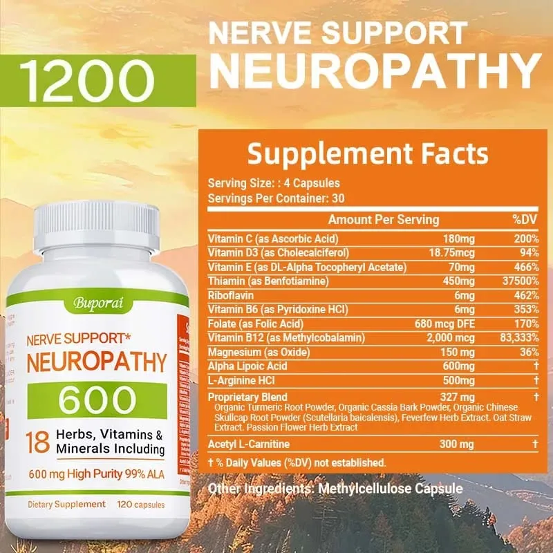 Neuropathy Support Supplement 600mg - Reduces Stress Promotes Nerve Health and Brain Function Cellular Energy Non-GMO — image 2