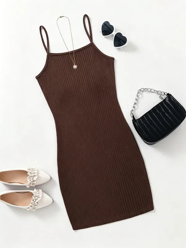 Women Vertical Ribbed Cami Midi Bodycon Dress Square Neck Thin Spaghetti Strap Slim Fitting Pencil Club Party Dress — image 4
