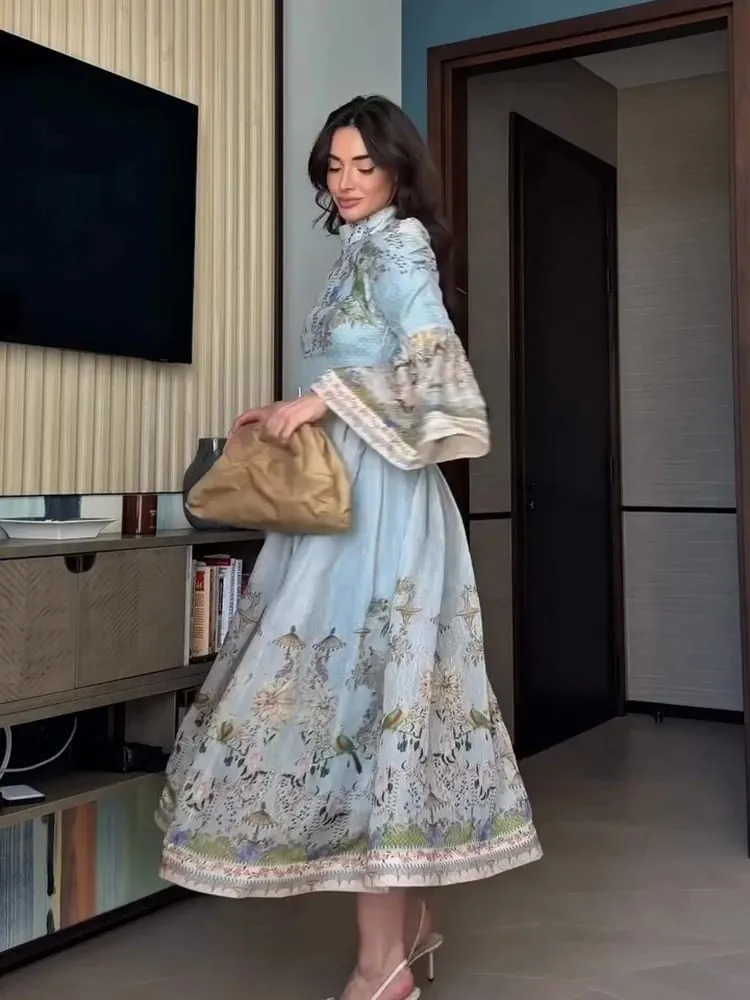 Elegant Floral Printed Women's Dress Stand Collar Full Puff Sleeve A-line Long Dresses 2026 Summer Vacation Party Lady Robes — image 7
