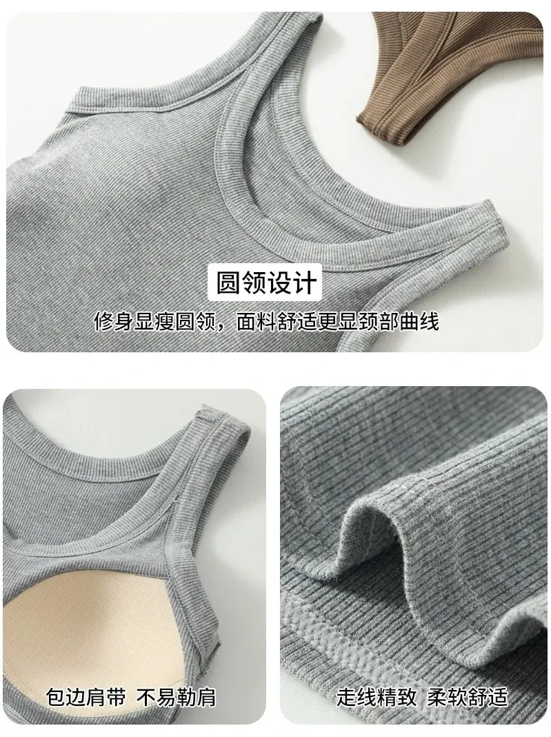 New Women Solid Round Neck Ribbed Tank Top Camisole Women Summer Basic Elastic TankTop One-piece Vest with Chest Pad Y2k — image 7