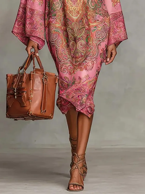 Women's Vintage Elegant Printed High Neck Kaftan Dress Long Sleeves Loose Elegant Evening Midi Dresses Robe 2026 New — image 3