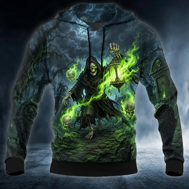 Men's Halloween Grim Reaper 3D Printed Hoodie, Skull Raven Gothic Graphic Sweatshirt, Long Sleeve Streetwear Men Clothing — image 5