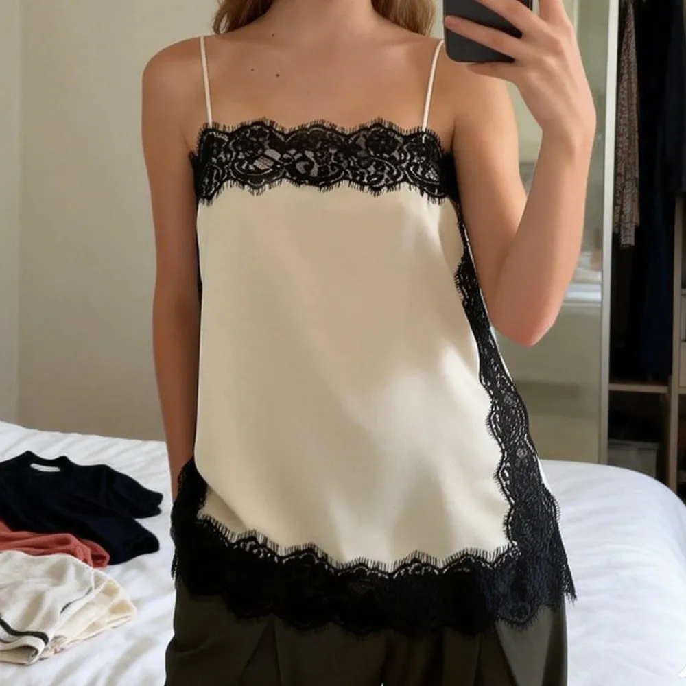 Vintage Sexy Floral Lace Satin Patchwork Camisole for Women Boho y2k Solid Sleeveless Backless Beach Chic Tops Cropped